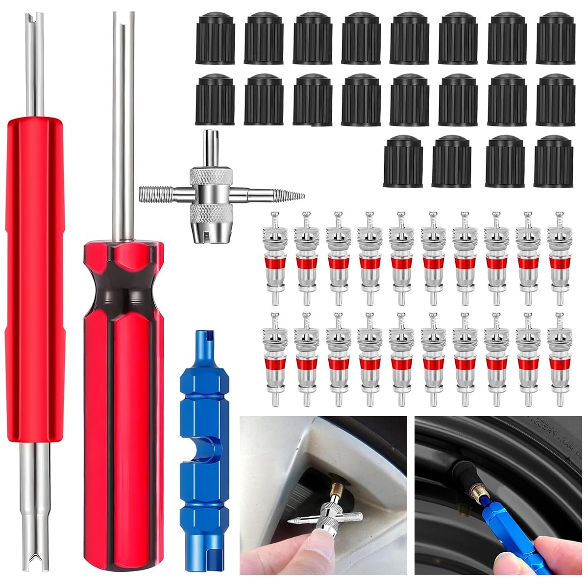 STHIRA® Tyre Valve Core Repair Tool Kit Set of 44Pcs Presta Valve Core Repair Tool Kit Includes 4 Valve Remover Assembly Tools, 20 Pieces Valve Core, 20 Pieces Tyre Valve Caps for Car Tyre, Bike Tyre