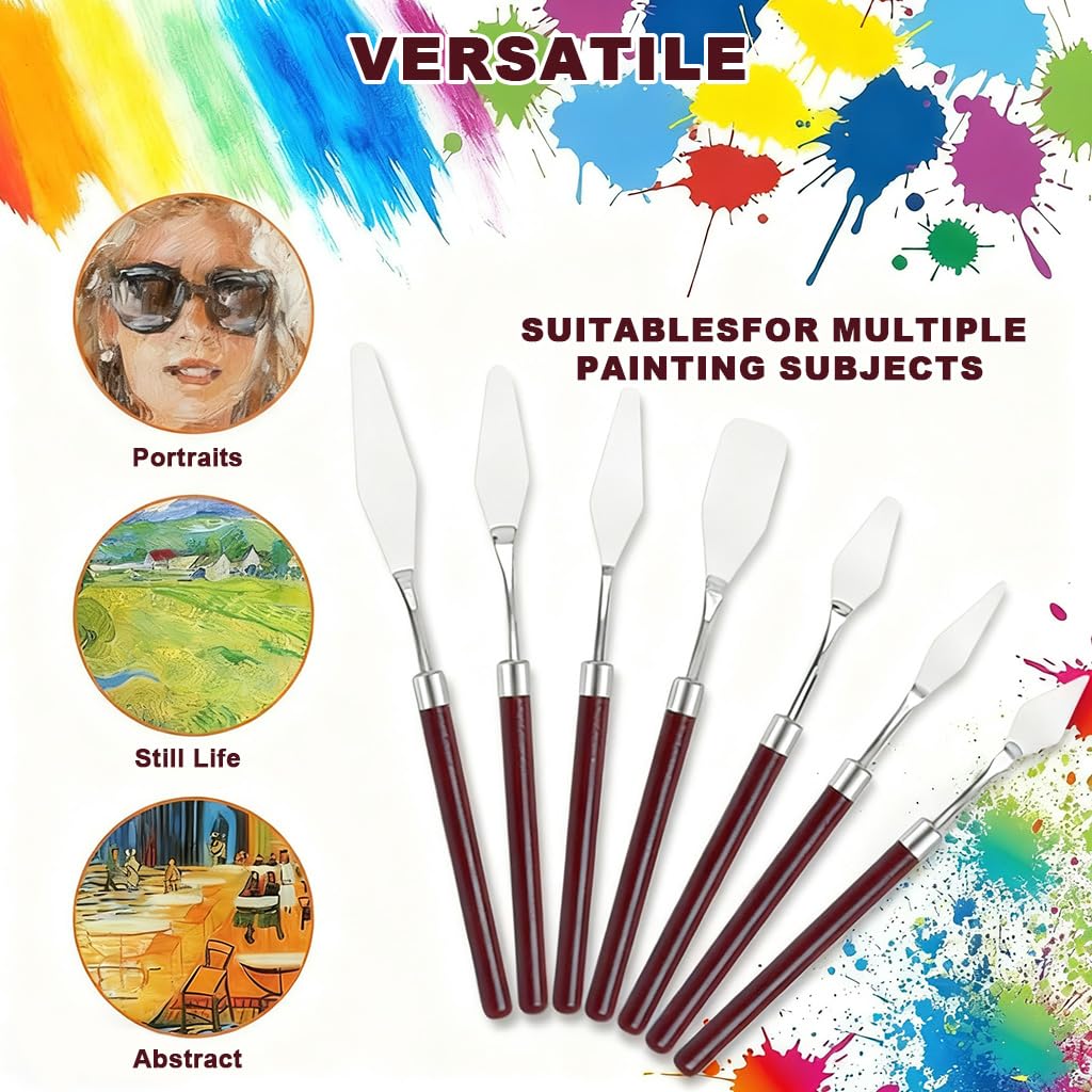 OFIFO Acrylic Paint Scraper Tool Set of 7 for Art Projects with Ergonomic Wooden Handles | Stainless Steel Palette Knives for Mixing and Spreading