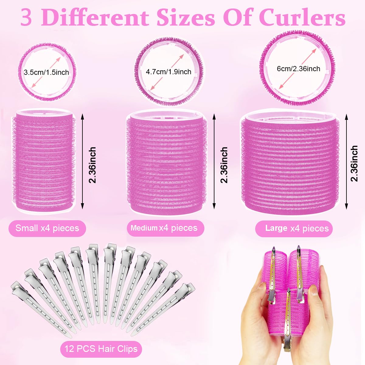 MAYCREATE® Heatless Hair Curler Hair Roller for Women Girls, 12pcs Hair Curler Rollers Kit & 12 Bang Clips - 3 Sizes, Jumbo, Large & Medium