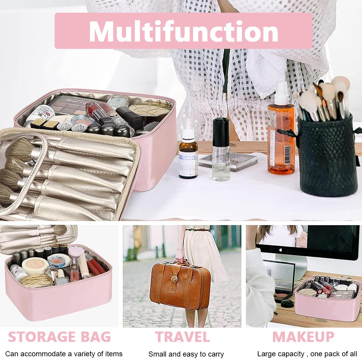 MAYCREATE Cosmetic Travel Bag for Women with Double Layer Wet Dry Separation | 22.5×13×16 cm PU Makeup Organizer in Coffee