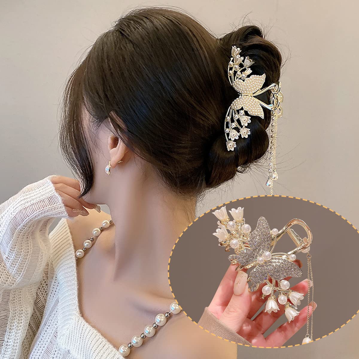 PALAY® Pearl Hair Claw Clips for Women Tassel Butterfly Large Hair Clip Clutchers for Hair Golden Alloy Hair Styling Jaw Clips Bun Hair Accessories Gift