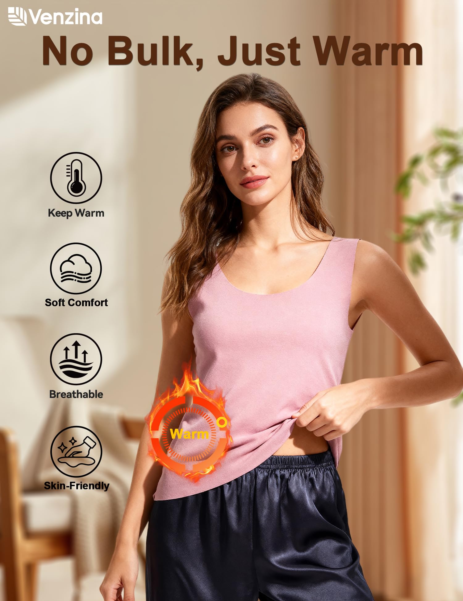 Venzina Women's Seamless Thermal Vest for Winter Layering with Double‑Sided Fleece | Ultra Soft Pink Sleeveless Base Layer