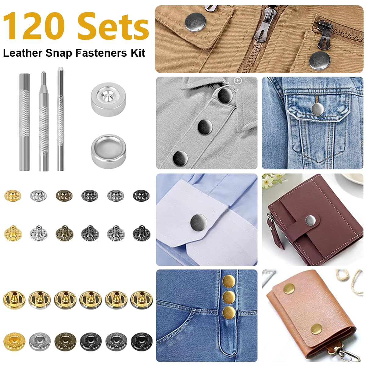 HASTHIP® 120 Sets Metal Snap Button and Tools Set, 6 Color 12.5mm Button Snaps Press Studs with 4 Setter Tools, Leather Snap Fasteners Kit for Clothes, Jackets, Jeans Wears, Bags