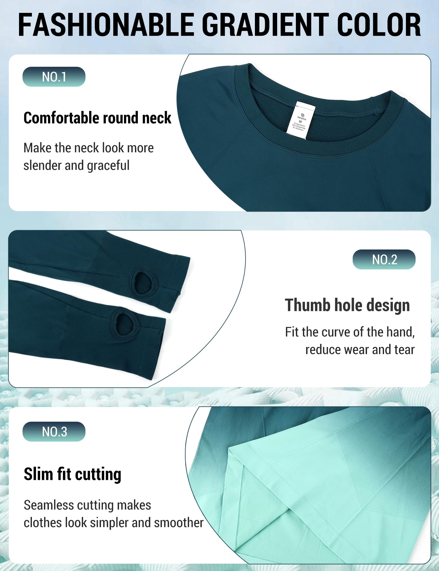 Venzina Women's Gradient Workout T Shirt with Thumbholes and Quick Dry Fabric | Peacock Blue Slim Fit Yoga Top