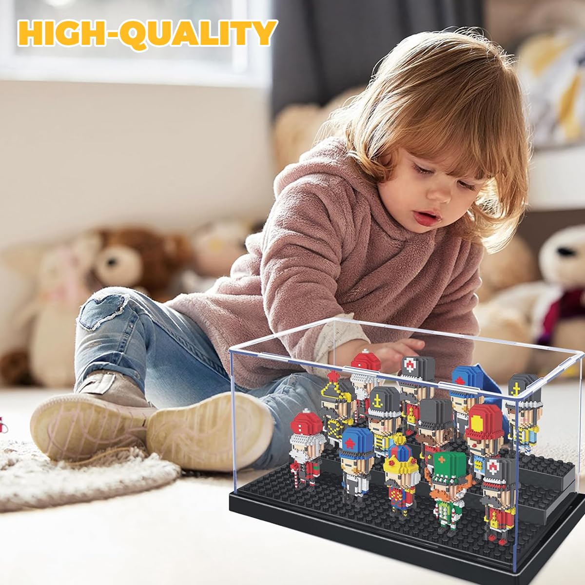 PATPAT Acrylic Display Box for 30–50 Minifigures featuring 3 Tier Stepped Studs Stand | 25.5×13.7×15.5 cm Transparent Dustproof Case