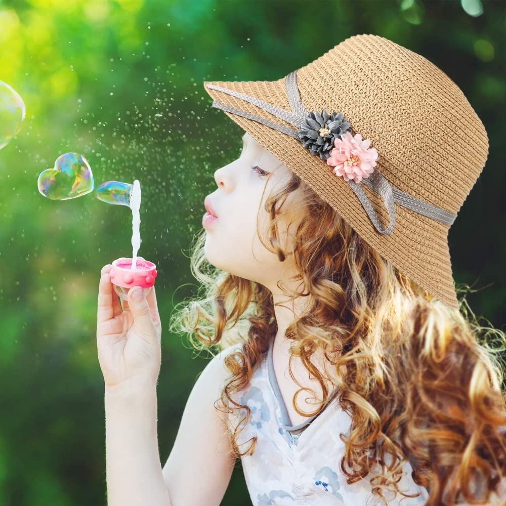 PALAY Girls Straw Beach Hat for Outdoor Travel with Matched Straw Bag in Coffee | 19-20.5 in Head Circumference