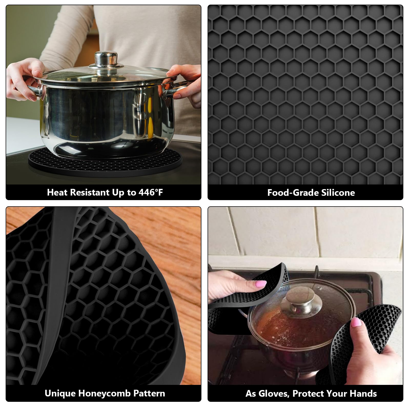 ZIBUYU Silicone Insulation Pads 6.8 in for Hot Dishes with Honeycomb Anti Slip Design | Black