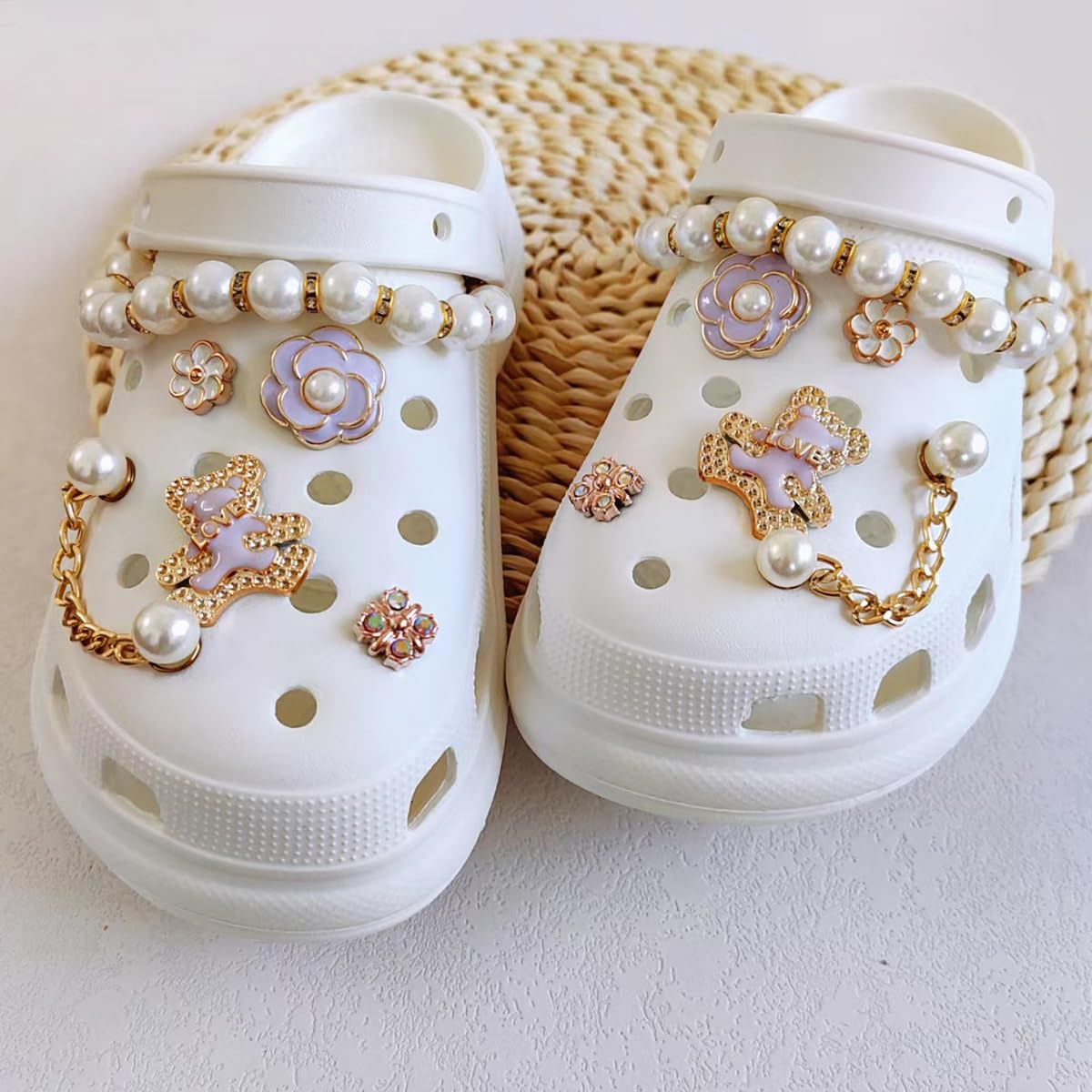 HASTHIP Shoe Charms for Clogs with 12 Zinc Alloy Pieces and Pearl Chain Designs | Women DIY Accessories