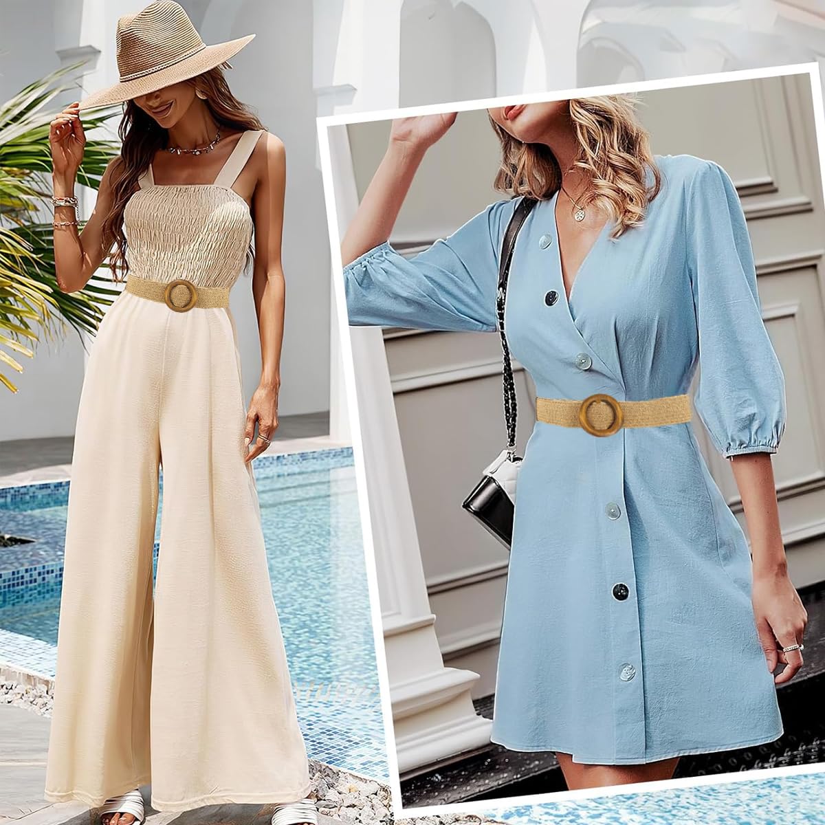 SANNIDHI Belt for Women featuring 37 in Adjustable Fit with Wooden Ring Buckle | Beige Woven Rattan Boho Waist Accessory