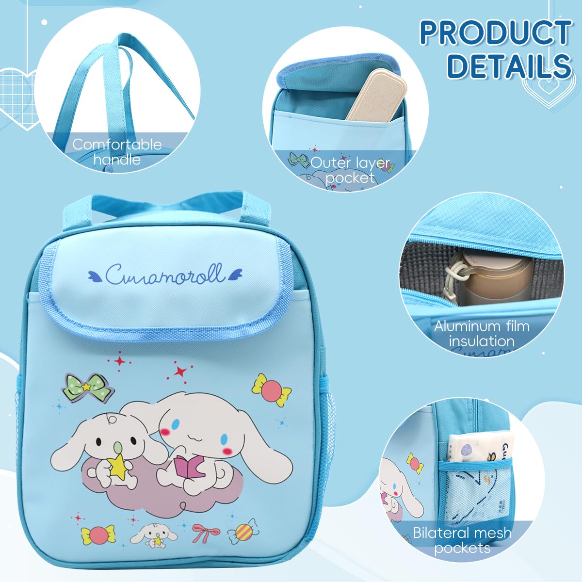 HASTHIP Lunch Bags for Kids with 20x13x24cm Insulated Interior and Waterproof Oxford Cloth | Cinnamoroll Cartoon Tote for School and Outdoor Meals