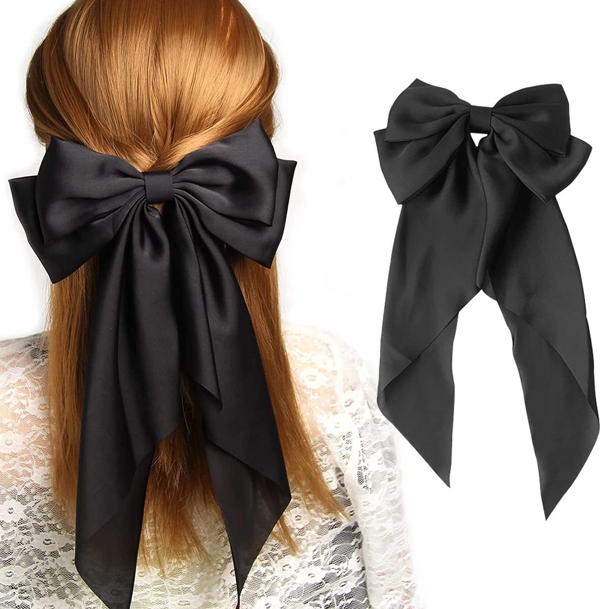 MAYCREATE® Large Satin Hair Bows for Women Girls Silk-Like Stylish French Bow Hair Clip Bowknot Hair Barrettes Big Ribbon Bow with Long Tail (Black)