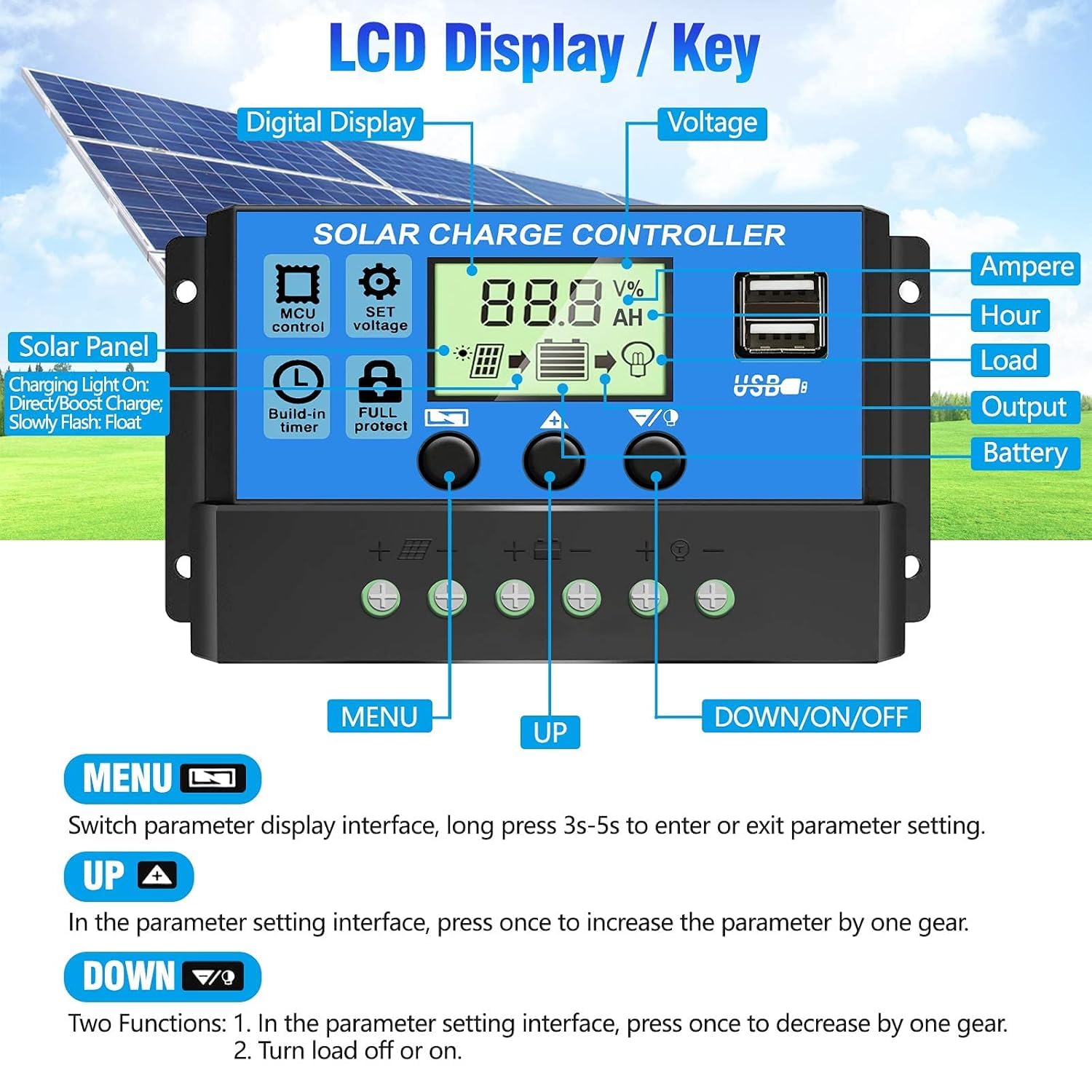 HASTHIP Solar Charge Controller for 12V 24V Lead Acid Battery with LCD Display and Dual USB Port