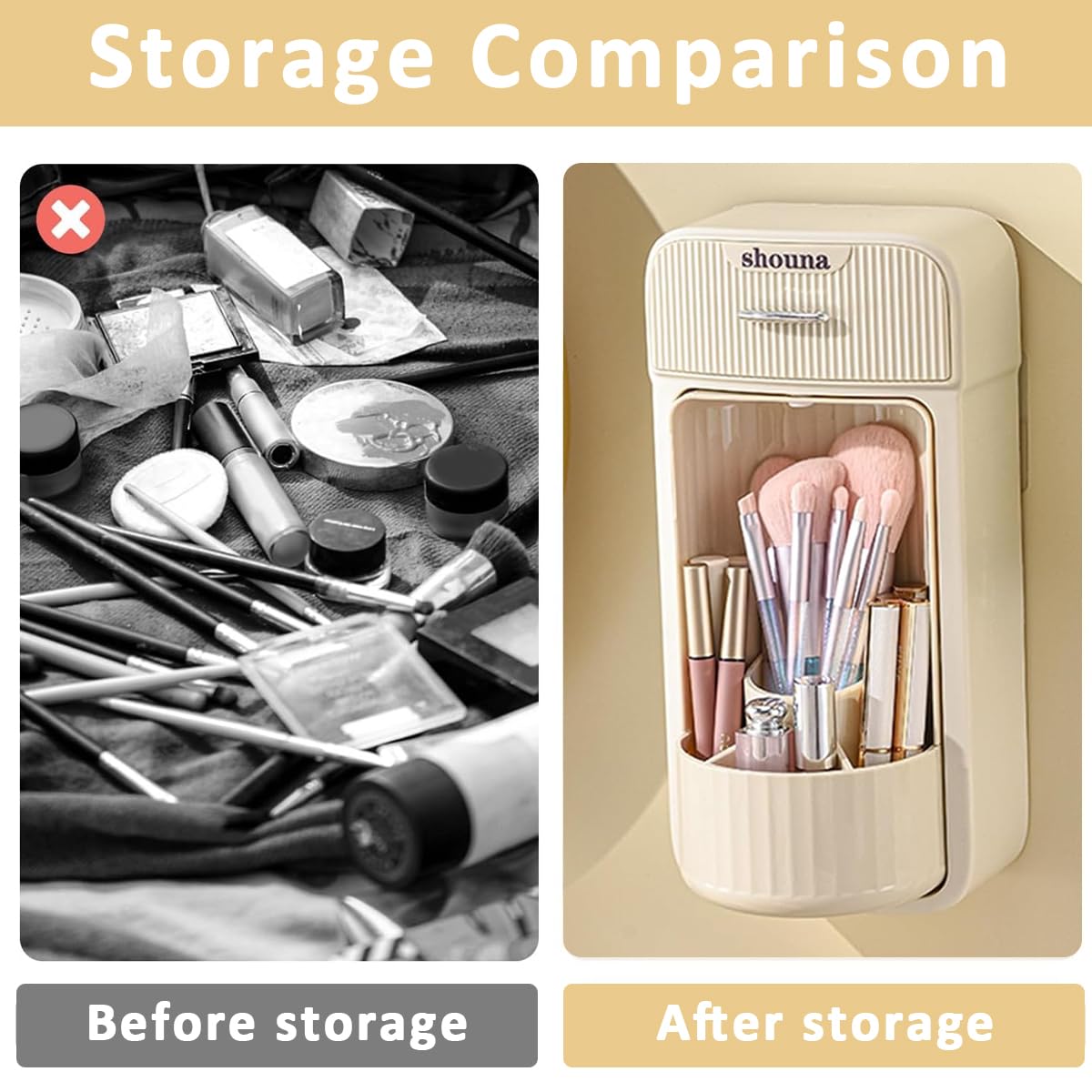 Venzina Wall Mounted Makeup Brush Holder for Bathroom featuring 360° Rotating Organizer | Self Adhesive Drawer Design