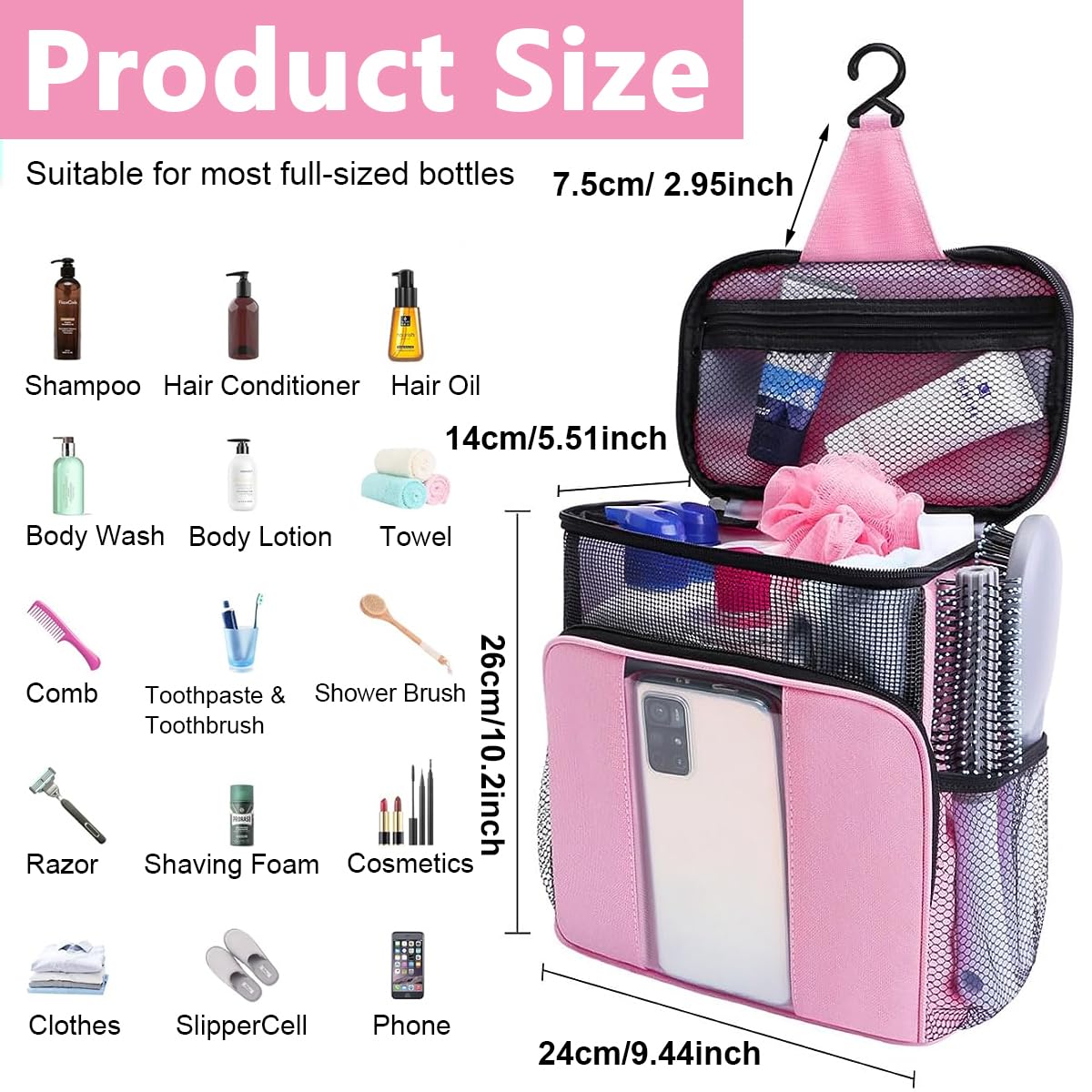 MAYCREATE® Shower Bag, Portable Travel Shower Caddy Mesh Tote Bag with Phone Holder, Hanging Full Size Bottle Compatible Toiletry Bag, Pink