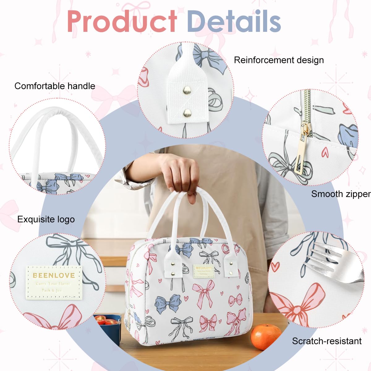 HASTHIP Insulated Lunch Tote Bag for Work and Picnic featuring Ribbon Bow Print 25x15.5x21cm