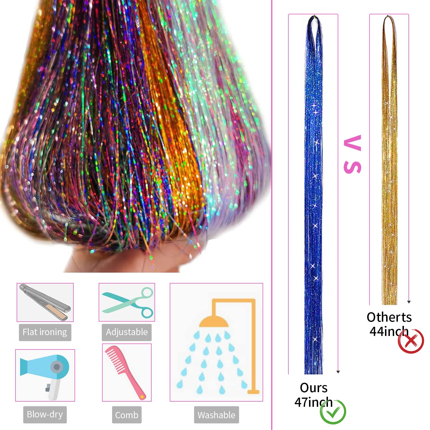 MAYCREATE Tinsel Hair Extensions for Party Styling with Tools and 47 in 12 Color Set | 2400 Strands