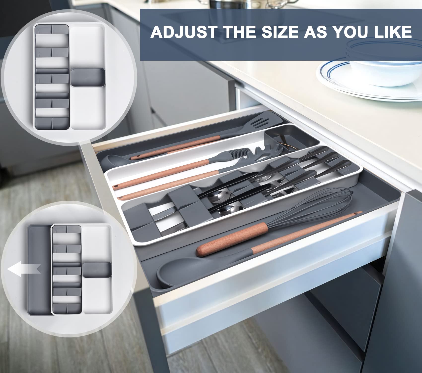 ELEPHANTBOAT Utensil Organizer for Kitchen Drawer with Expandable 49 cm Space | PP Plastic Cutlery Tray 39.5 × 28 × 5.5 cm