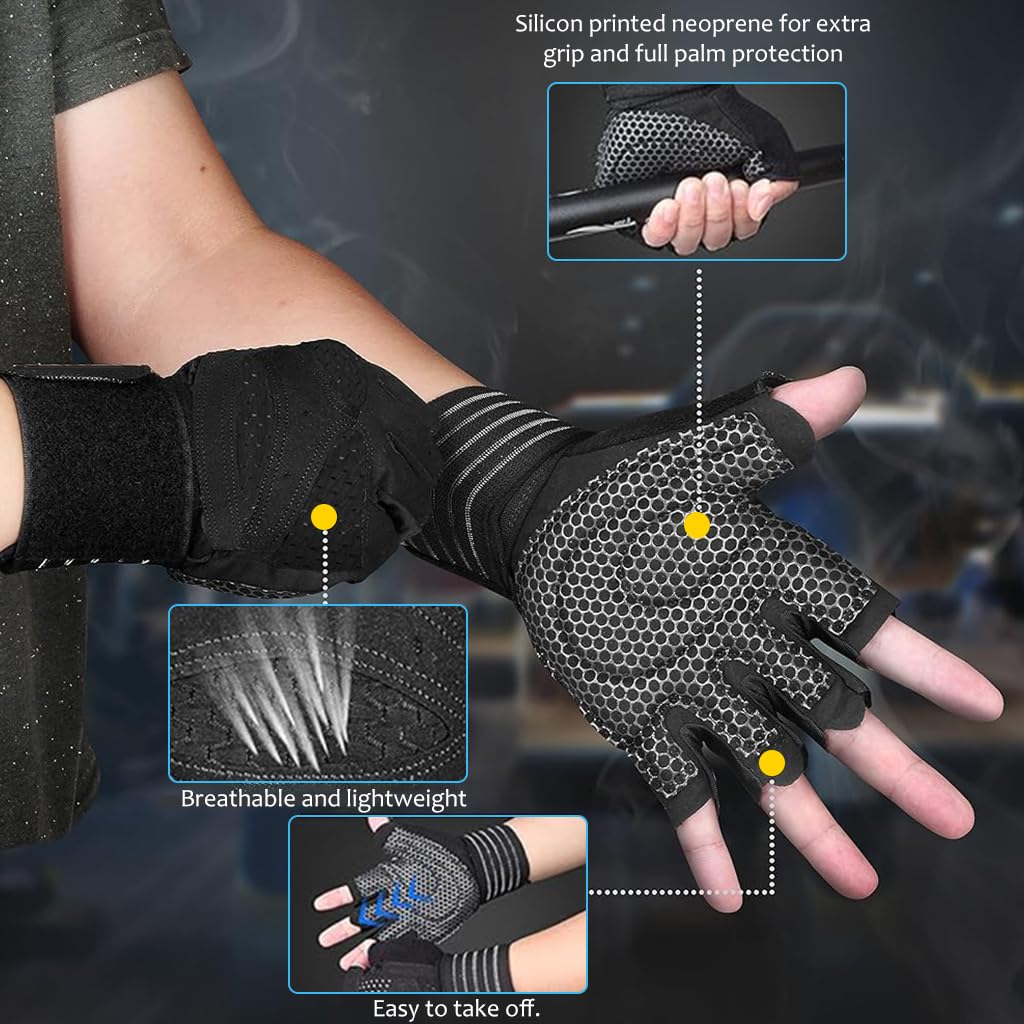 Proberos Fingerless Fitness Gym Gloves for Workout with Padded Palm and Wrist Support | Black L