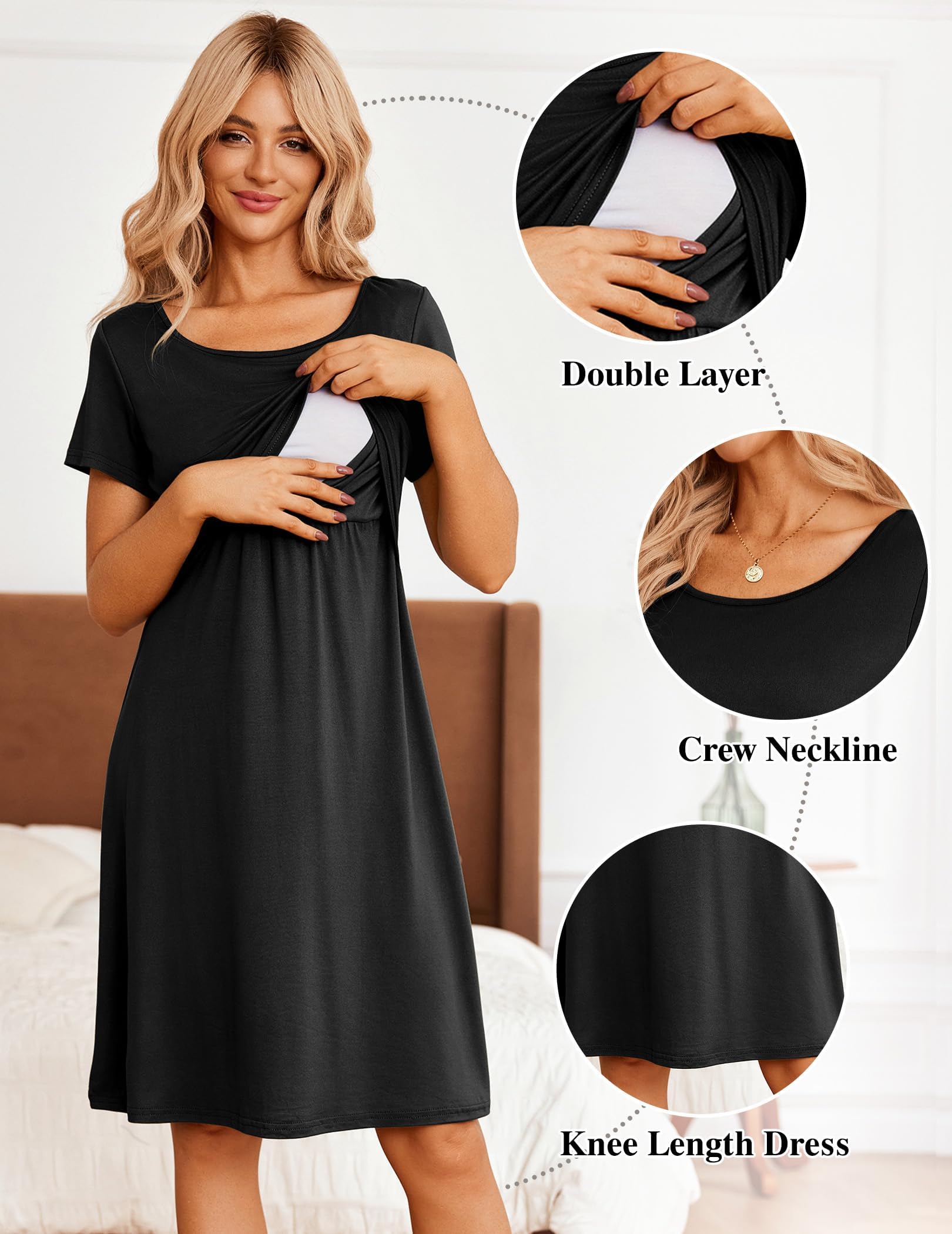 SANNIDHI Nursing Dress for Lactating Mothers with Open Chest Access and Breathable Polyester | Comfortable Summer Maternity Nightdress in Black XL
