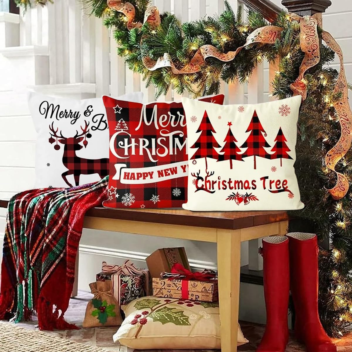 HASTHIP Christmas Cushion Covers for Sofa with Invisible Zipper 4Pcs 16x16in Cotton Linen | Red Black Plaid Holiday Pillowcases