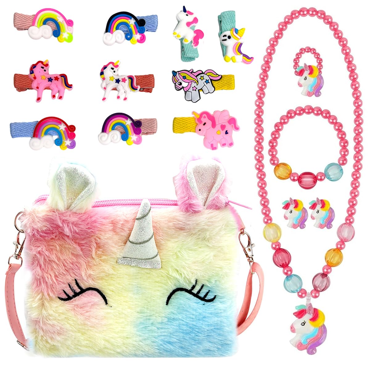 SANNIDHI® Unicorn Jewellery Set for Girls, Cute Cartoon Fluffy Sling Bag Beaded Necklace Bracelet Earrings Ring & Hair Clips Kit, Fashion Party Dress up Jewelry Unicorn Gifts for Girls Kids