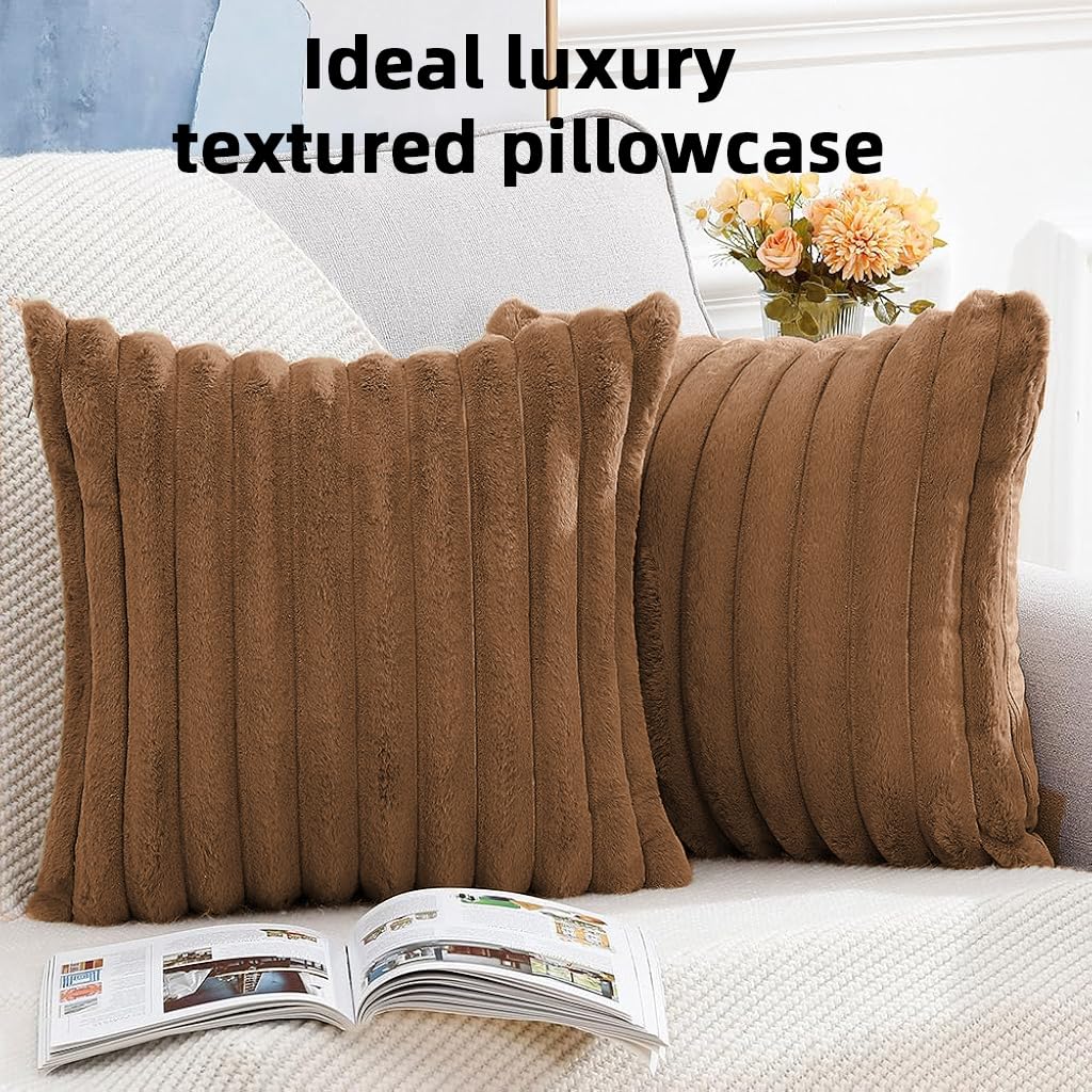 HASTHIP Faux Rabbit Fur Cushion Covers 18x18 Inch with Hidden Zipper | Khaki Set of 2