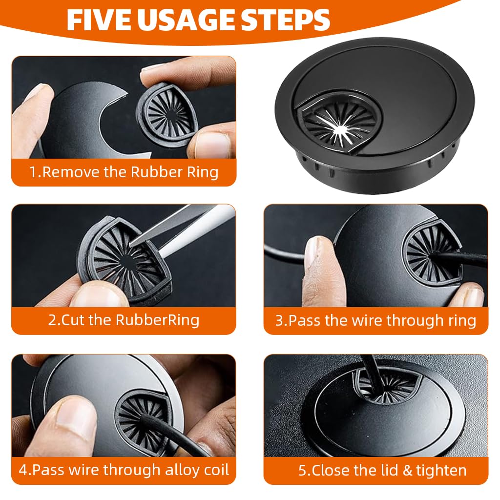 Serplex Desk Grommets for Office Cable Management featuring 2 inch Rubber Opening | Zinc Alloy Black Finish