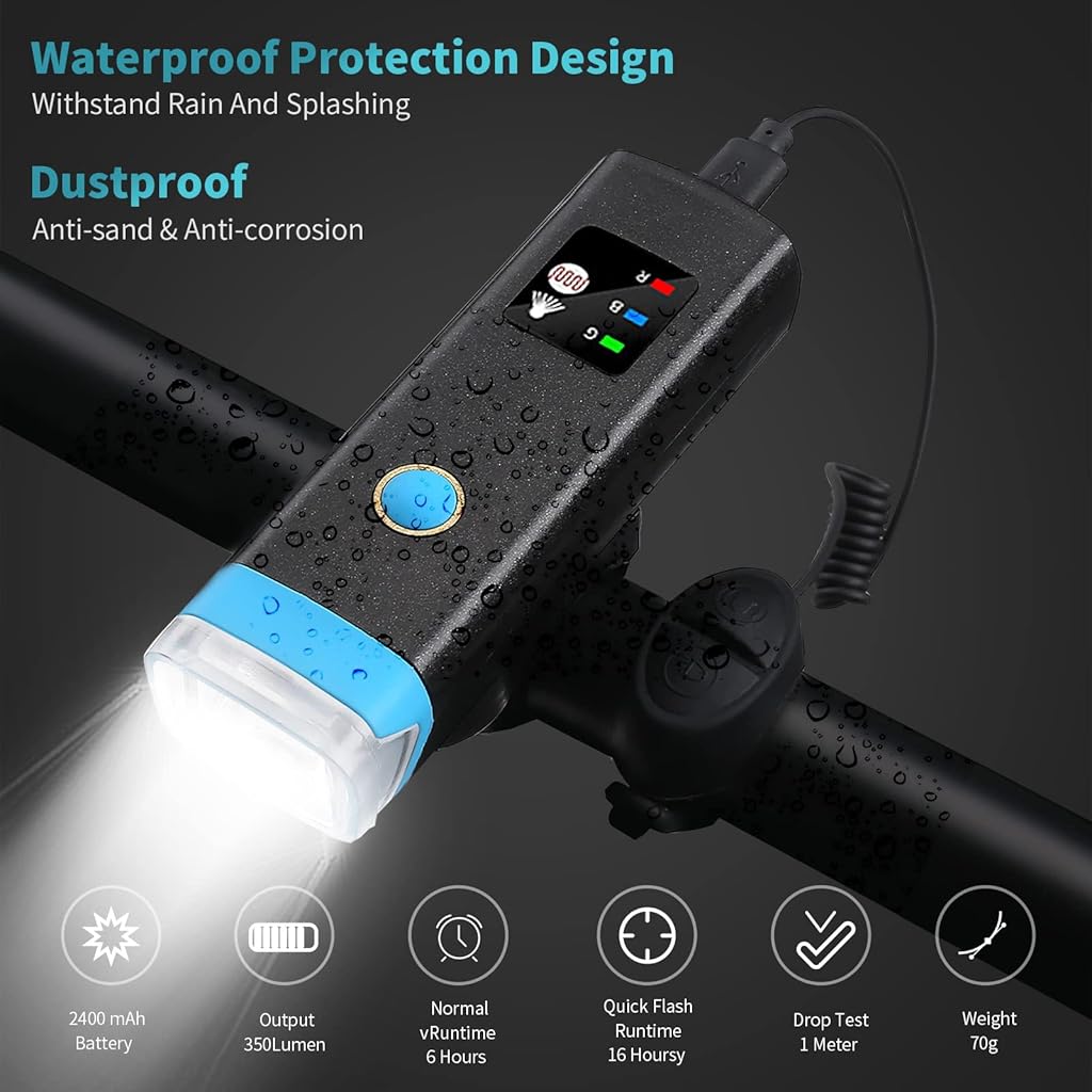 Proberos® USB Rechargeable 2400 mAh Cycle Light and Horn with 120BD Cycle Headlight 4 Light Modes Waterproof Bicycle Light 350LM Highlight Intelligent Induction