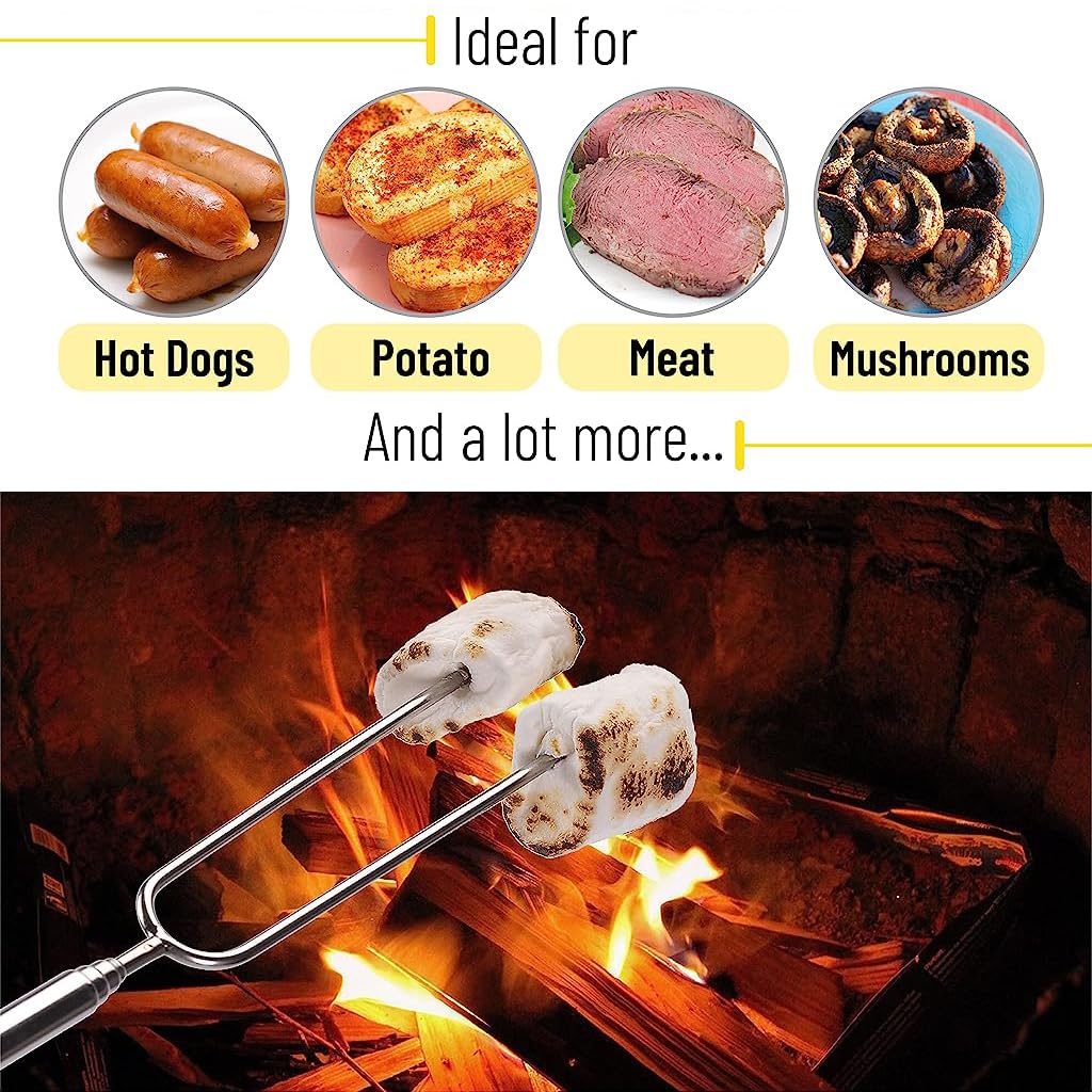 HASTHIP Barbeque Fork Set for Outdoor Grilling with 32 in Extendable Design & Wooden Handle | Stainless Steel Skewers