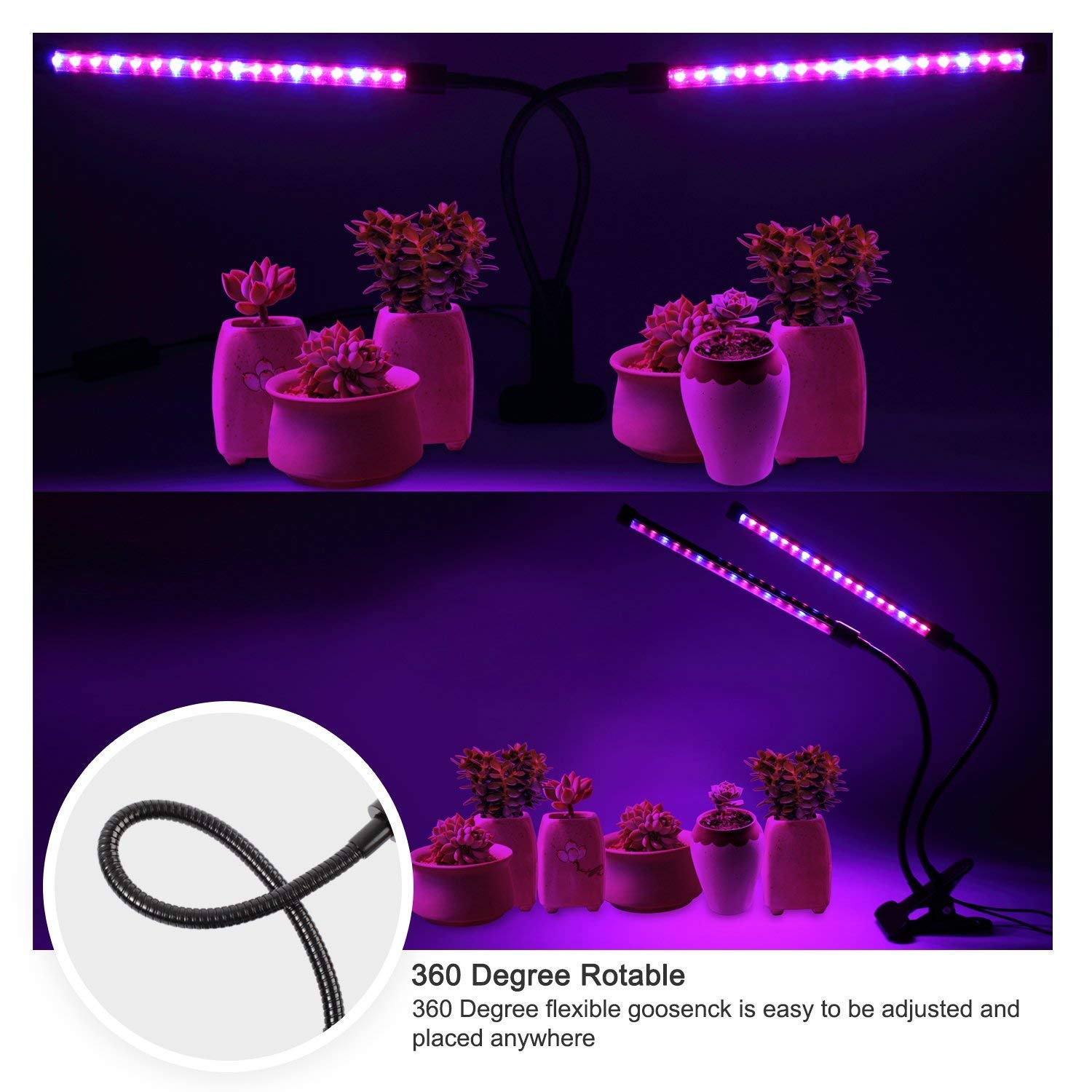 HASTHIP Led Grow Light for Indoor Plants with 40W Two Head 360° Adjustable Gooseneck | USB Rechargeable Timing Control