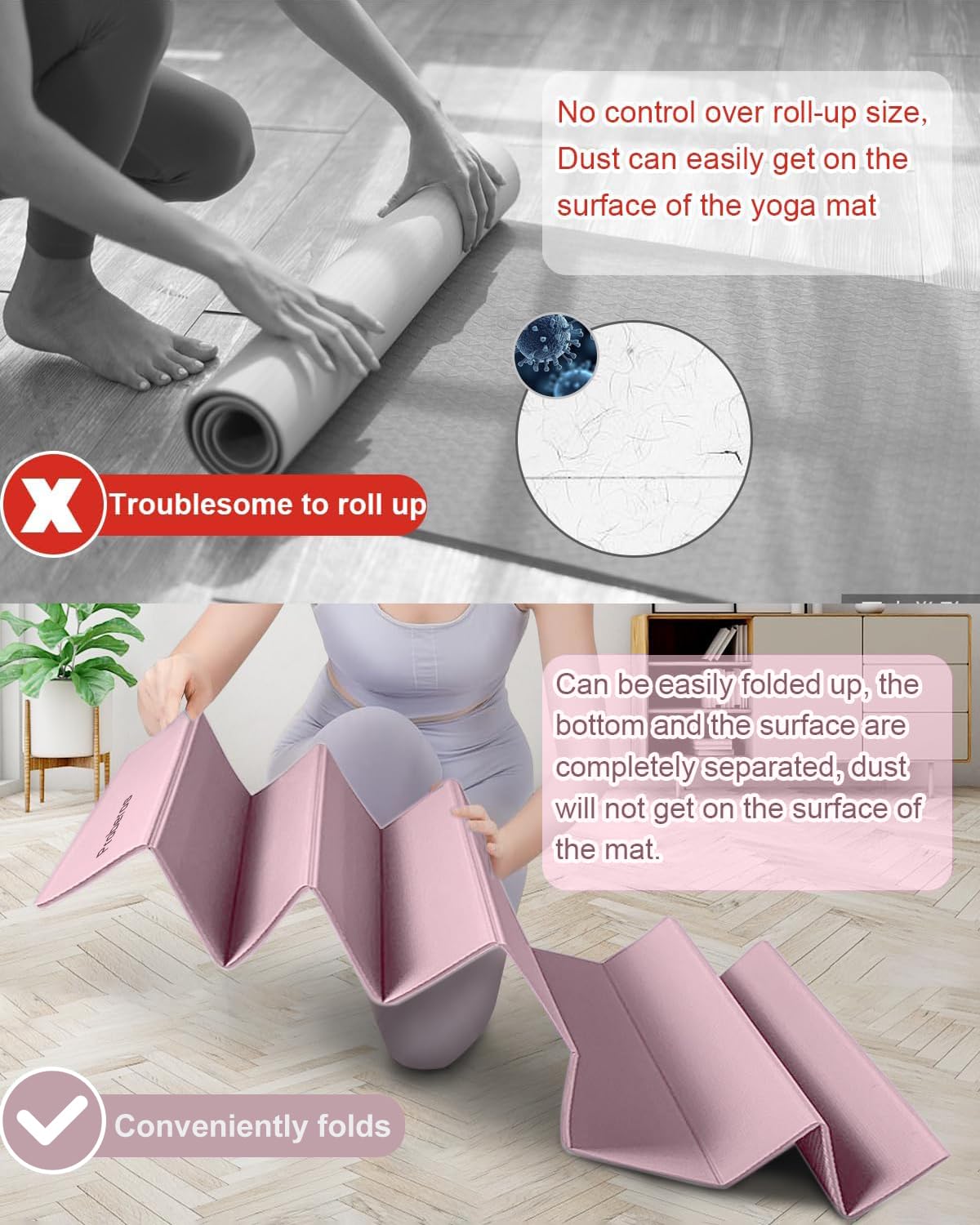 Proberos Folding Yoga Mat for Home Workout with Anti Slip Texture and 72x24 in Size | TPE 5mm Thick Pink Mat