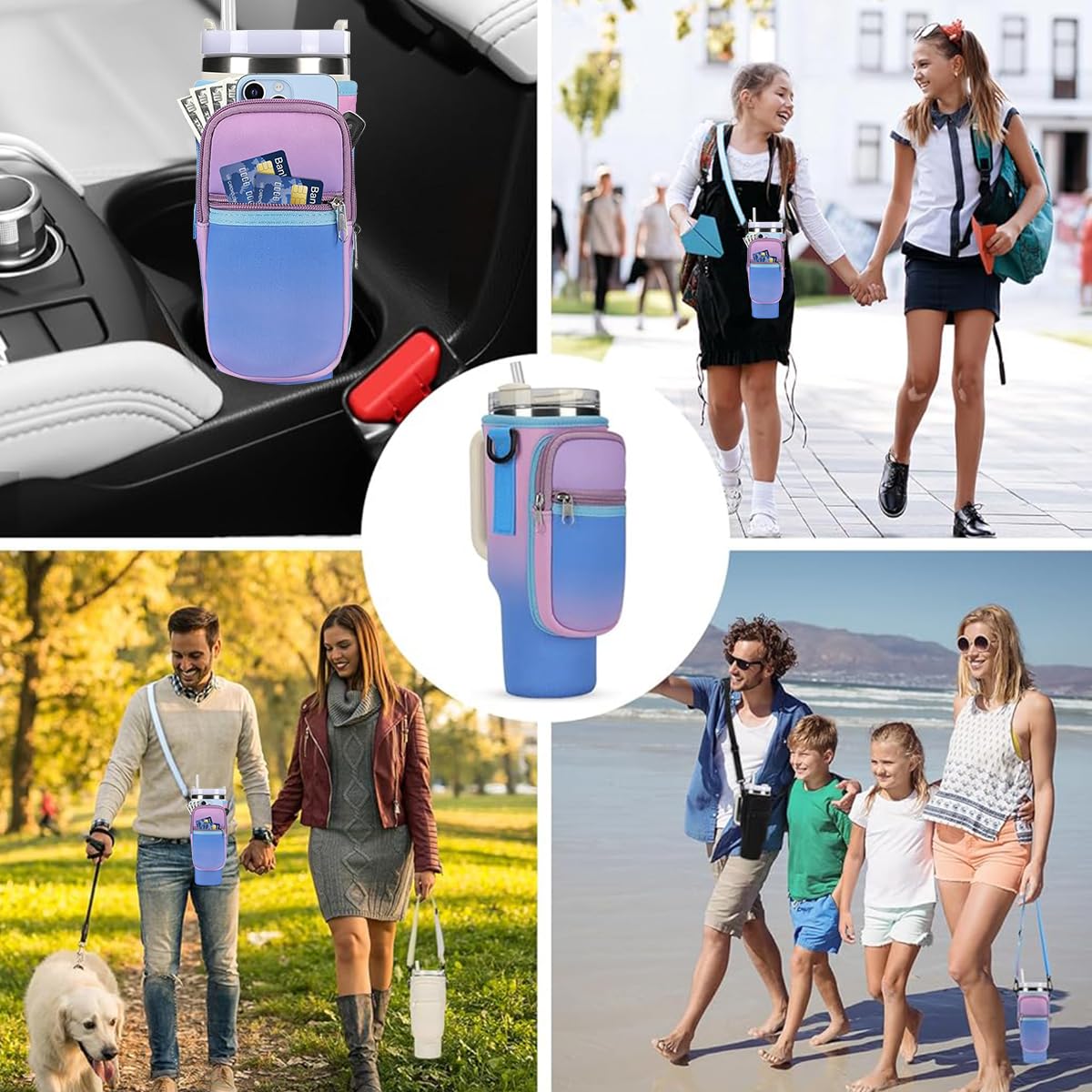 HASTHIP Water Bottle Carrier Bag for Stanley 40oz Tumbler with Phone Pouch and Strap | Neoprene Gradient Purple 3 PCS