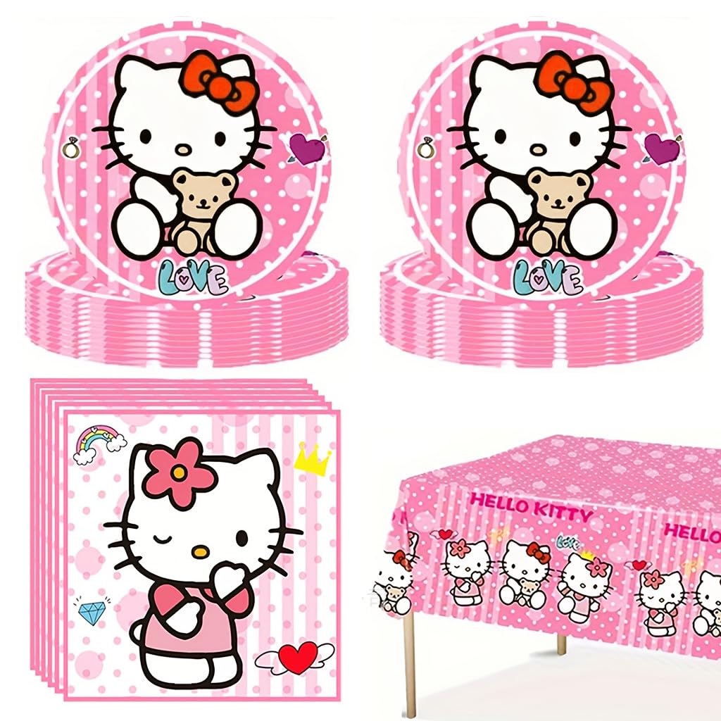 Supvox Party Supplies for Birthdays with 20pcs 7in Pink Kitty Plates and Table Cloth | Easy Cleanup