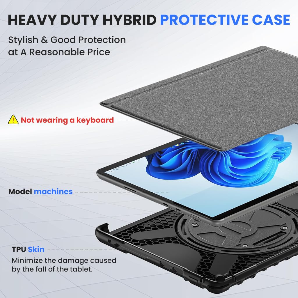 Zeitel Tablet Case for Surface Pro 11 10 9 13 inch with Adjustable Grip Handle and Folding Stand | TPU and PC Protective Cover