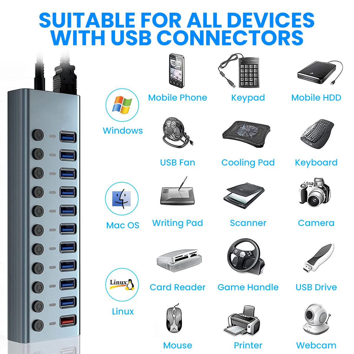 ZORBES USB Hub 3.0 for Laptop and PC with 11 Ports and Individual On Off Switches | Aluminum Alloy Powered Splitter