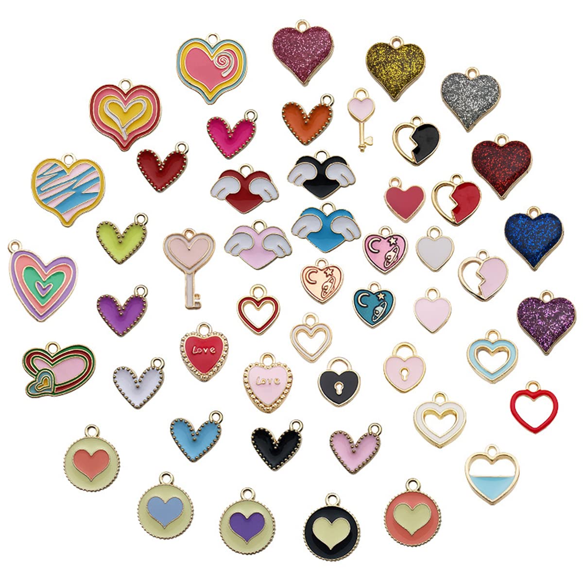 MAYCREATE® 50Pcs Enamel Charms for Jewellery Making Heart Shaped Pendants Set Mixed Bulk Metal Earring Charms Necklace Bracelet Charms for Jewelry Making and DIY Crafting