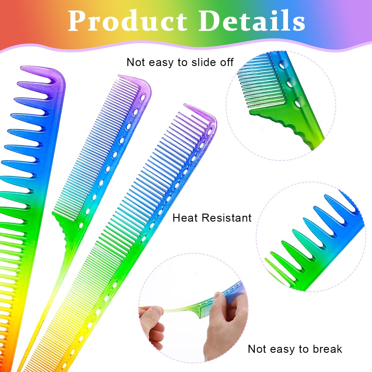 MAYCREATE® 3pcs Hair Comb Set Rainbow Fine Cutting Hairdressing Rat Tail Combs Salon Fine Teeth Hair Styling Comb for Back Combing, Root Teasing - Anti-Static & Heat Resistant