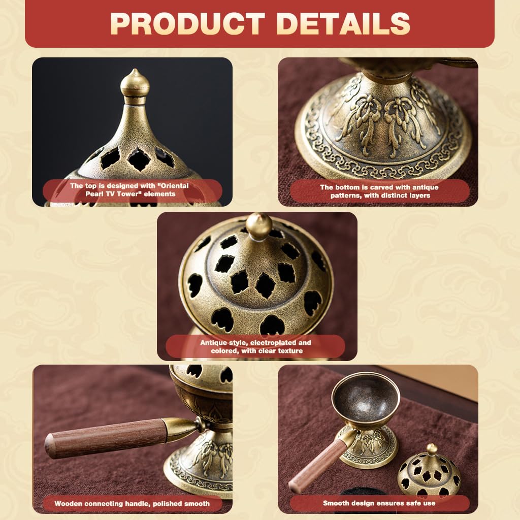 HASTHIP Incense Burner for Meditation with Swivel Bowl and Wooden Handle | Retro Alloy Decor