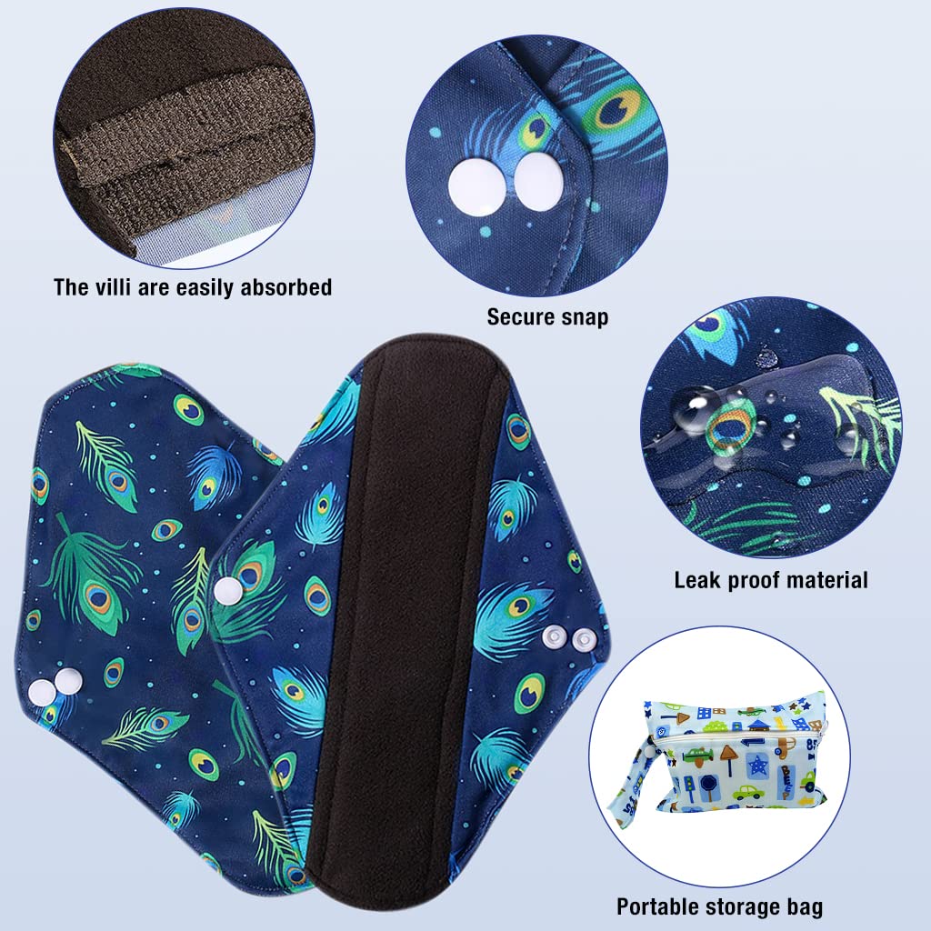 ZIBUYU Reusable Sanitary Cloth Pads for Periods with Snap Button Design and 3 Sizes | Bamboo Fleece Pack of 3