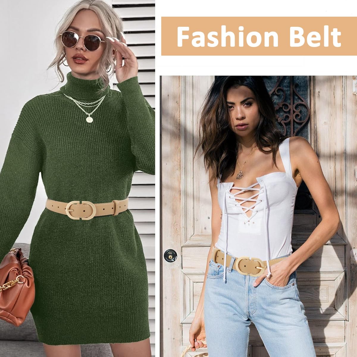 SANNIDHI Ladies Belt for Jeans and Dresses featuring Tuck and Pin Closure with Gold Buckle | 105cm Khaki PU Leather Slim Fit