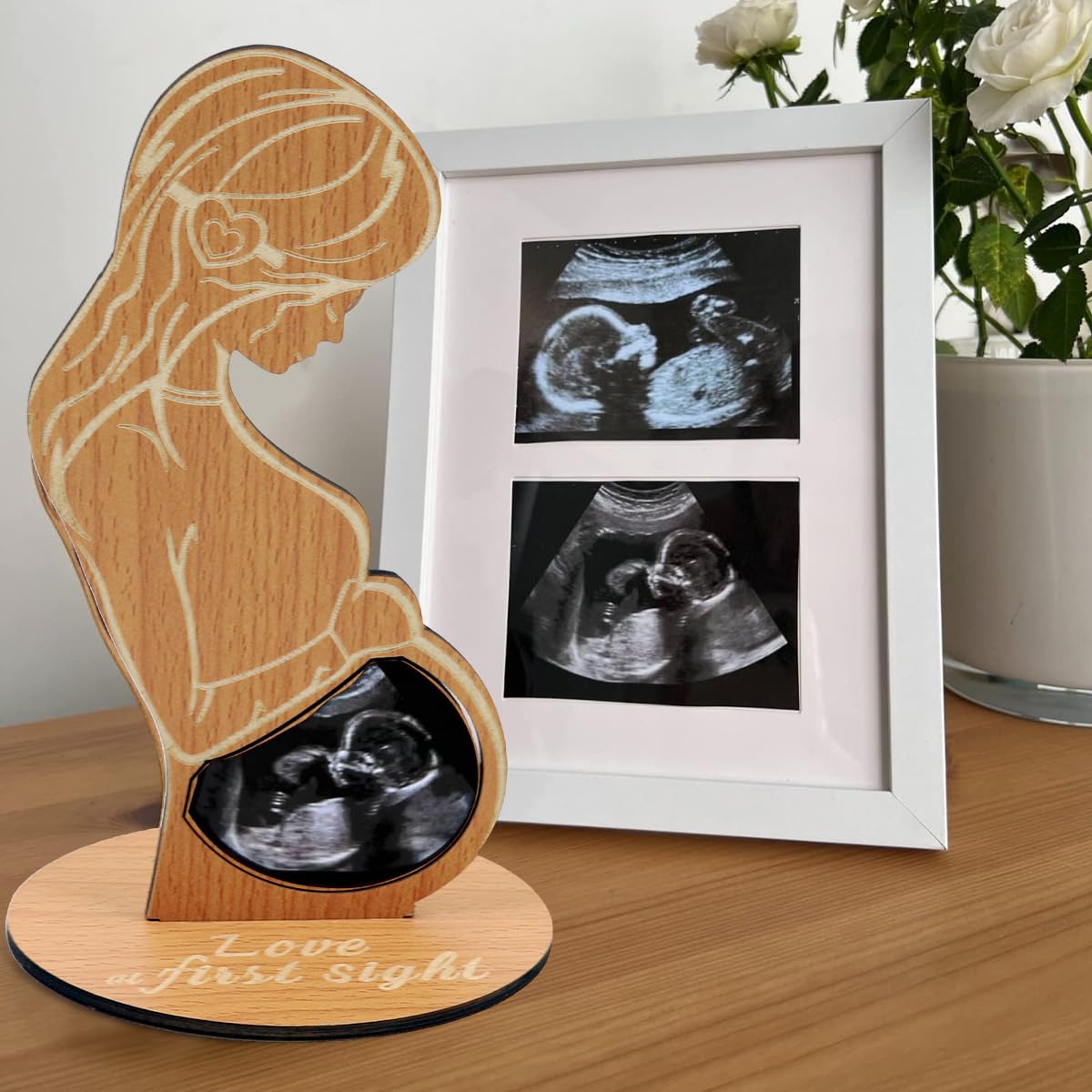 SNOWIE SOFT Baby Record Photo Frame for Ultrasound Display featuring Wooden Base 20x12cm | Sentimental Nursery Gift for Expecting Mothers