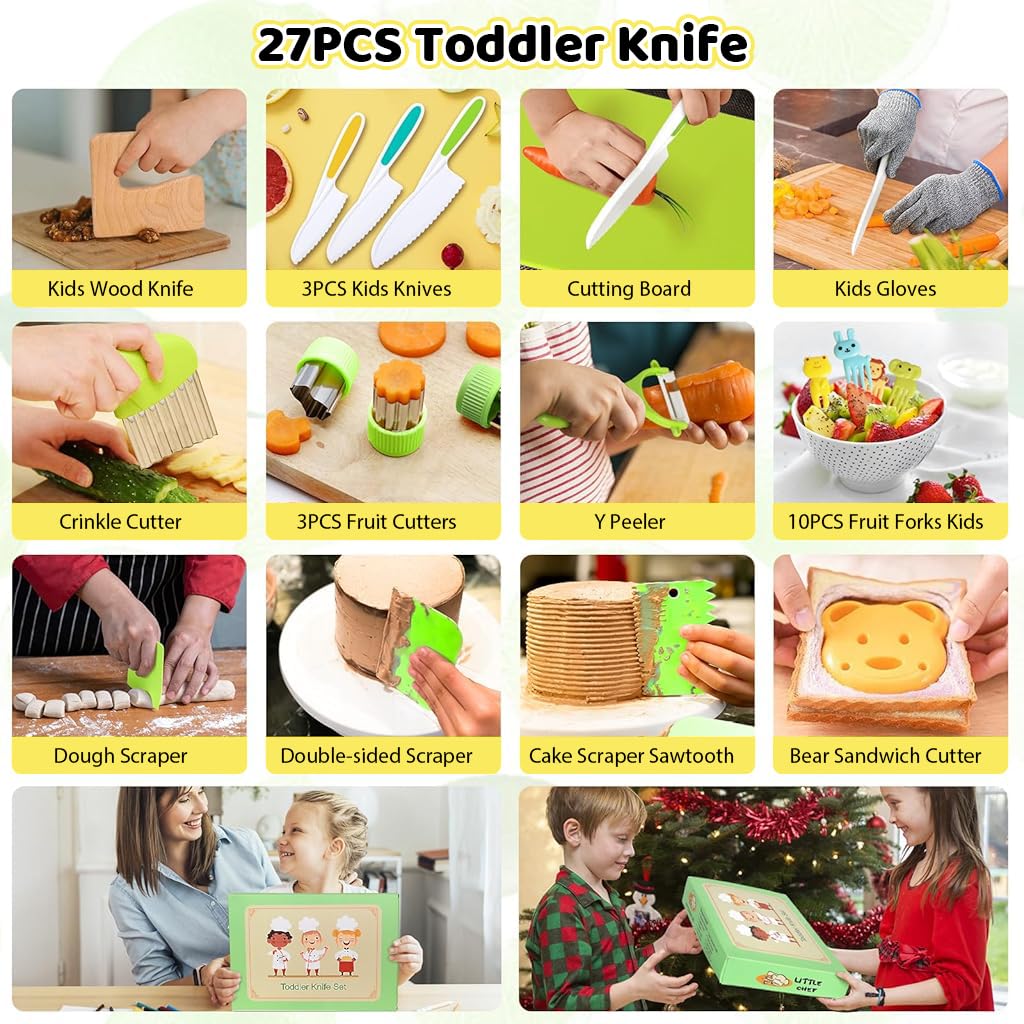 HASTHIP® 27Pcs Kids Fruit Cutter Set Kids Kitchen Culinary Set Play House Kitchen Plastic Cutter Kids Hands-on Kitchen Toy with Cutters, Cake Mold Cutting Board, Peeler, Safety Gloves