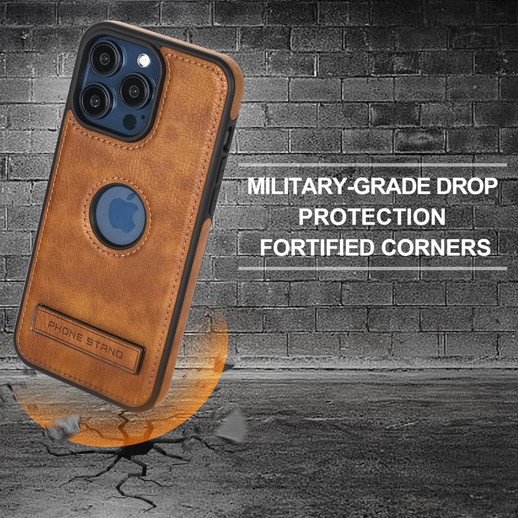 Zeitel Phone Case for iPhone 15 Pro Max with Metal Kickstand and Camera Guard | Brown PU Leather 6.7 in Cover