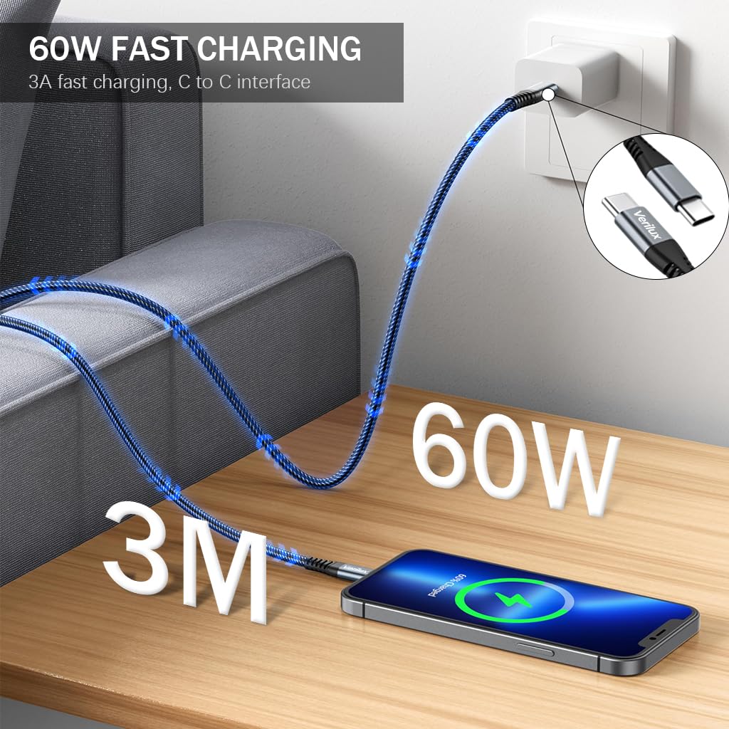Verilux USB C to USB C Cable 10ft 60W Fast Charging with 480Mbps Sync | Braided Nylon