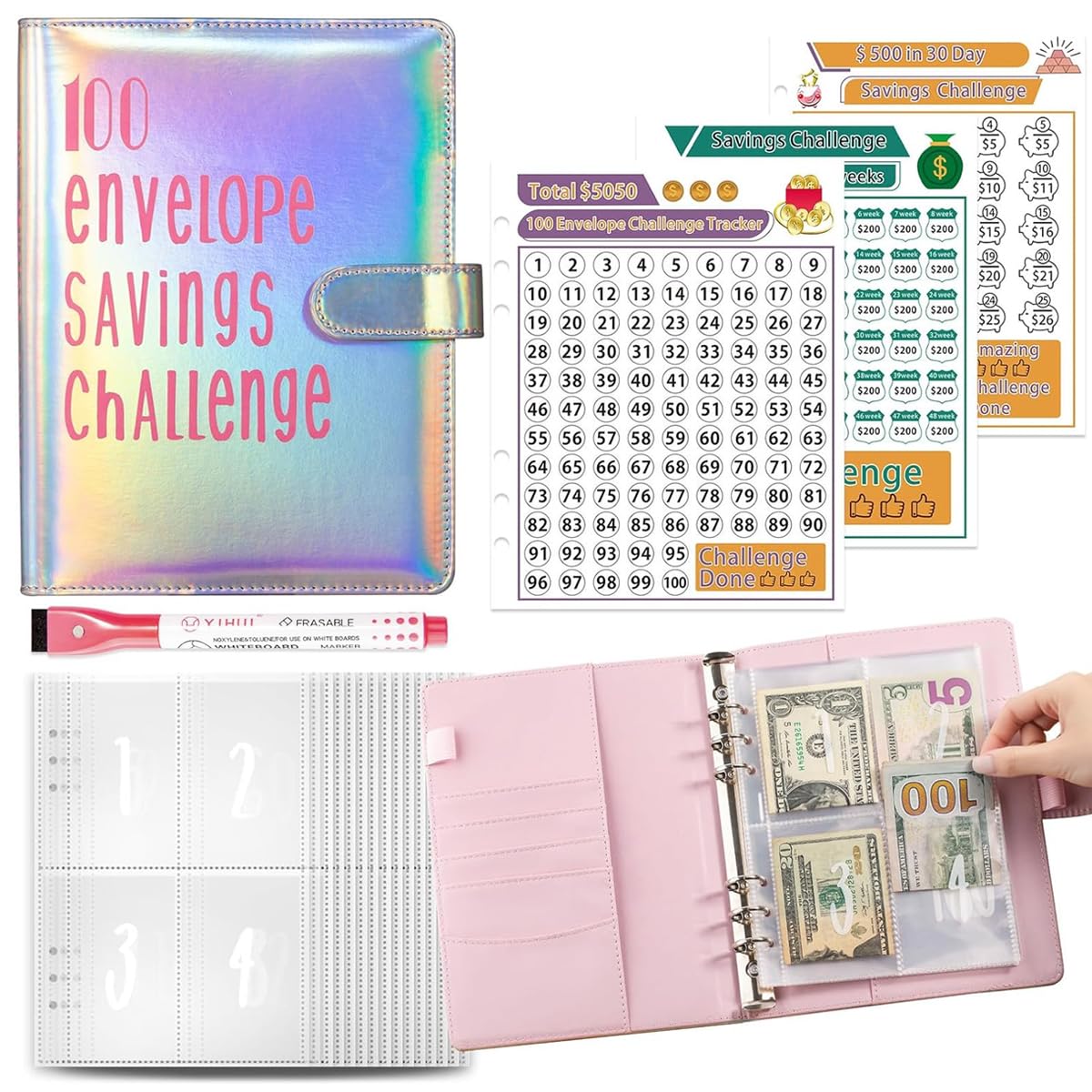 HASTHIP® 100 Envelopes Money Saving Challenge Binder Budgeting Planner $5050 Reusable Portable Organizer Money Saving Challenge Book