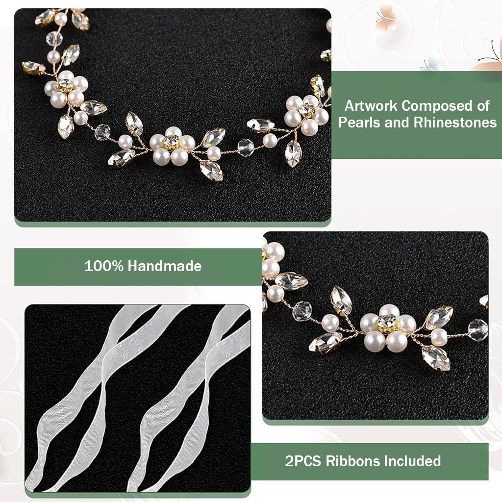 SANNIDHI Bridal Headband for Weddings with Pearl and Rhinestone Floral Design | Adjustable Ribbon Tie-Back