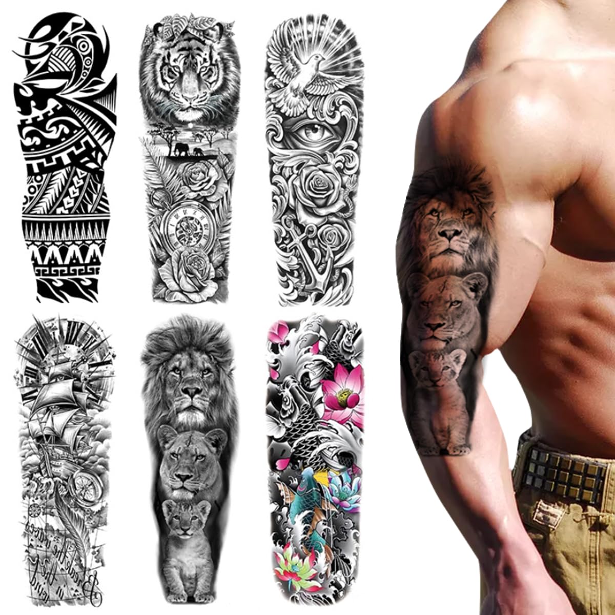 MAYCREATE® 6 sheets Temporary Tattoos for Arm, Legs, Large Sleeve Tattoos Temporary Tattoo Stickers for Men Women, Theme Temporary Tattoo for Party, Club, Perform, Special Makeup