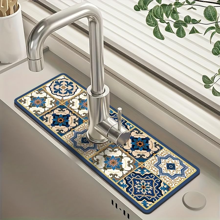 Supvox Kitchen Sink Faucet Pad 14x38cm for Counter Protection with Oval Opening | Quick-Dry Diatom Mud Retro Patchwork Mat