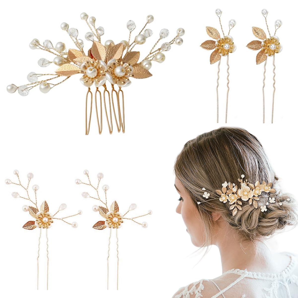 PALAY Hair Pins for Women for Weddings with Gold Leaf and Pearl Floral Design | 5pcs Set