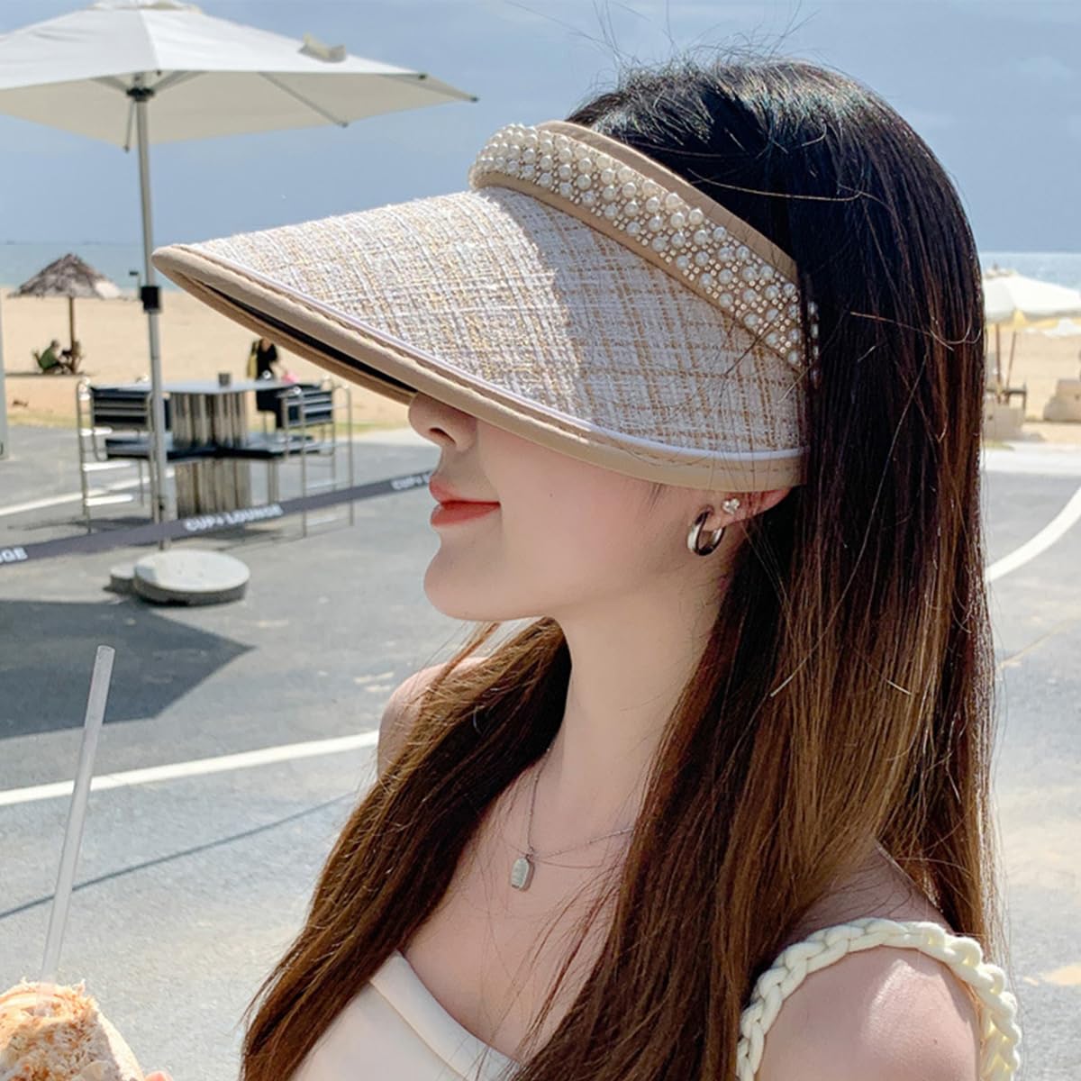 PALAY® Sun Hats for Women Wide Brim Visor Beach Hat for Women Summer Hats for Women Fashion Embroidery Pearl Rhinestone Ladies Sport Cap UV Protection Hat - Ajustable